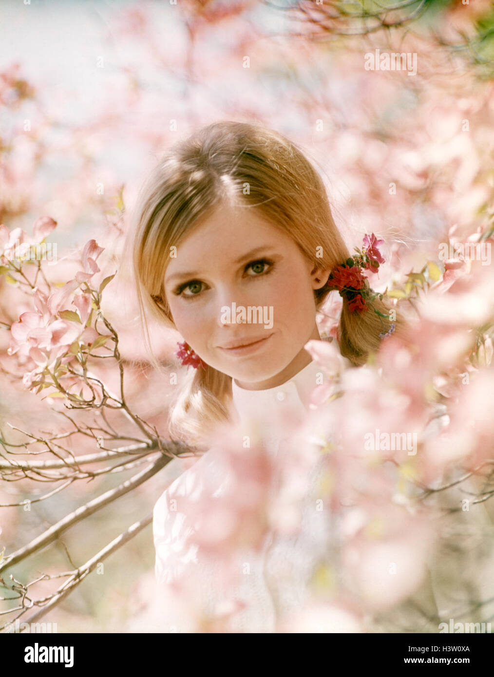 1970 PORTRAIT JEUNE FEMME AU MILIEU DE FLEURS DE PRINTEMPS à l'extérieur PIGTAILS WOMEN LOOKING AT CAMERA Banque D'Images