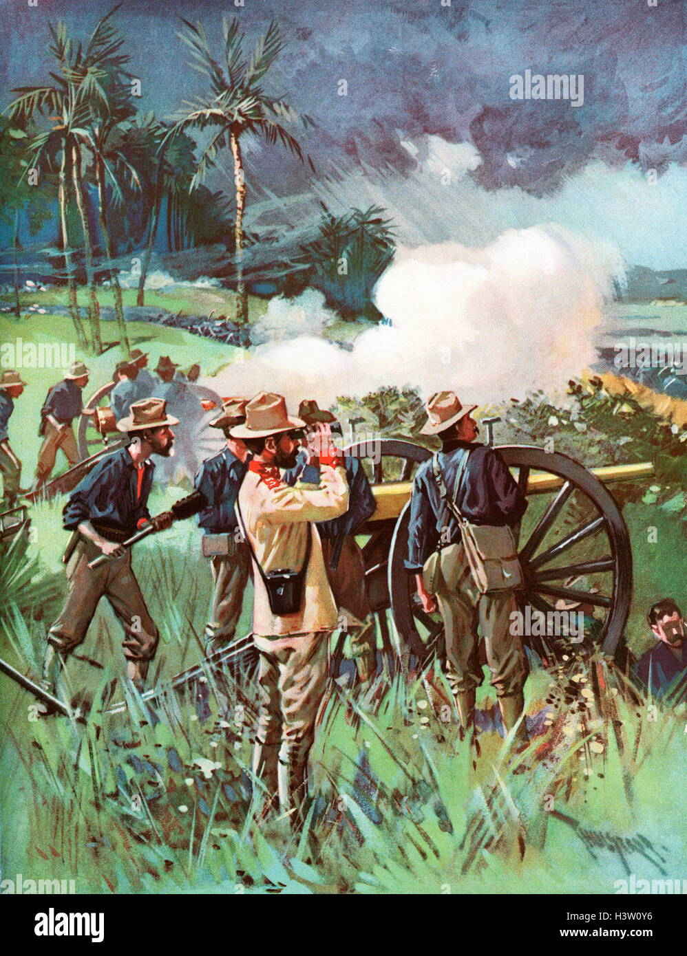 Années 1890, 1898 soldats d'artillerie de l'ARMÉE AMÉRICAINE À CUBA PENDANT LA GUERRE HISPANO-AMÉRICAINE LA PEINTURE PAR T. DE THULSTRUP Banque D'Images