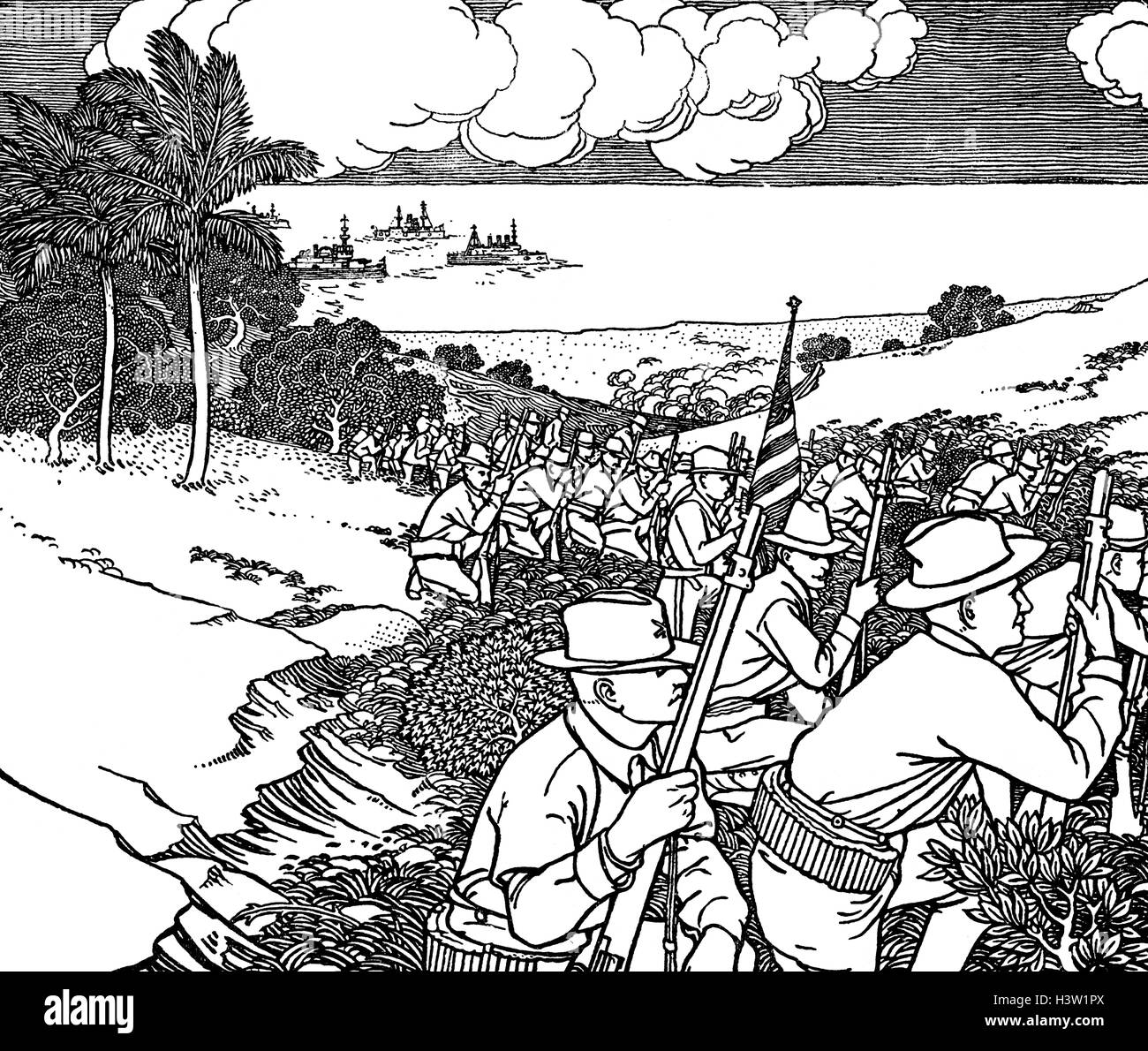 24 juin 1898 GUERRE HISPANO-AMÉRICAINE L'infanterie américaine d'envahir Cuba QUATRE NAVIRES EN ARRIÈRE-PLAN Banque D'Images