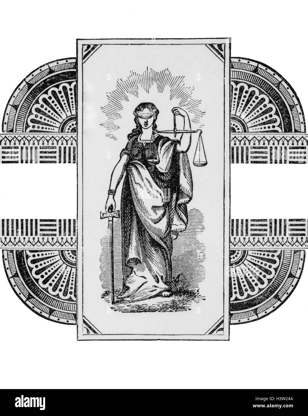 JUSTICE AVEUGLE TENANT UNE ÉCHELLE DANS LA MAIN GAUCHE ET L'ÉPÉE À DROITE LA MESURE DE SOUTIEN ET D'OPPOSITION ET LE POUVOIR DE LA RAISON ET DE LA JUSTICE Banque D'Images