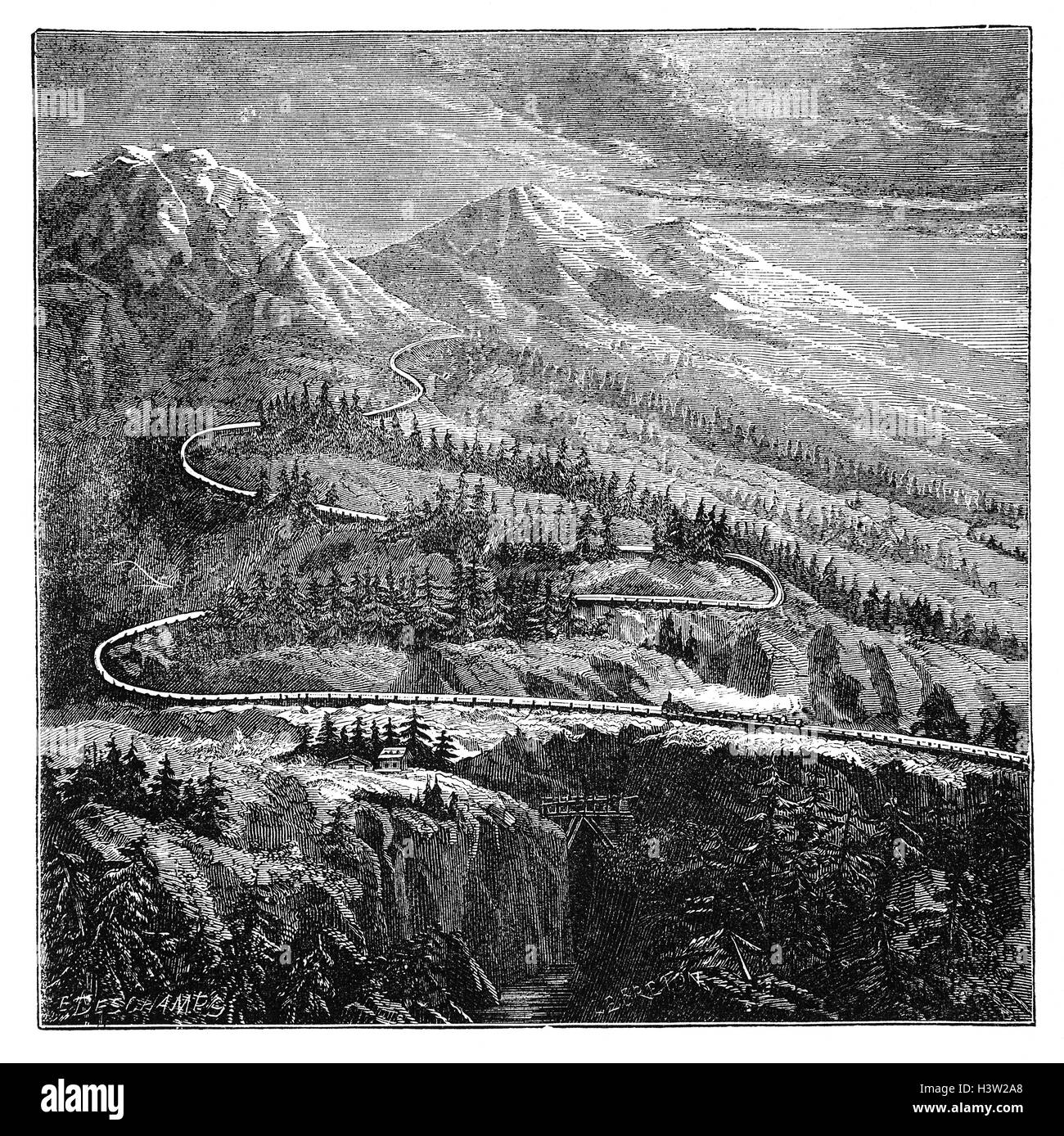 Le Mont Cenis Pass Railway fut le premier chemin de fer de montagne dans le monde et a été construit dans le cadre de la construction du tunnel ferroviaire du Fréjus. Il a été conçu par John Barraclough tomba et ses trois-rail a été utilisé sur d'autres chemins de fer de montagne. Le chemin de fer est de 77 kilomètres (48 milles) de long. Il a été utilisé pour le transport de l'anglais mail vers l'Inde dans le cadre de l'itinéraire rouge 1400 mile tous. Banque D'Images