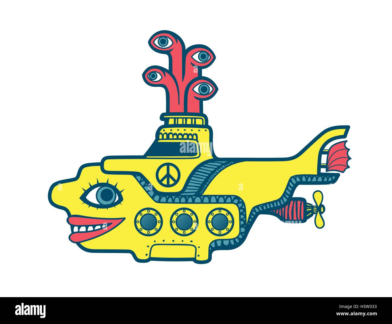 Plongée sous-marin jaune dans les profondeurs de la mer, 1960 art psychédélique cartoon illustration Illustration de Vecteur