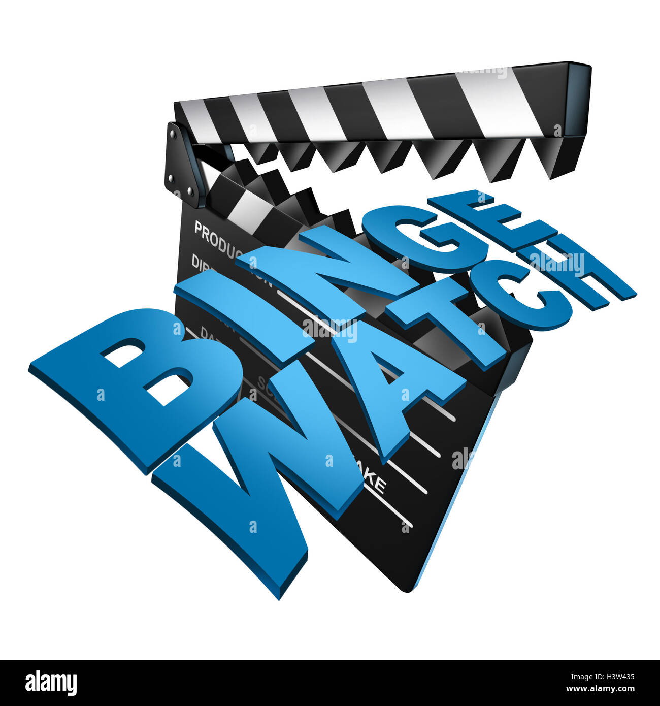 Sur les médias et la frénésie de consommation excessive regarder ou regarder des épisodes consécutifs d'un câble de télévision ou la consommation de séries télé ou de films à la demande multiple comme un marathon de visualisation vidéo montre qu'un 3D illustration d'un clap cinéma. Banque D'Images