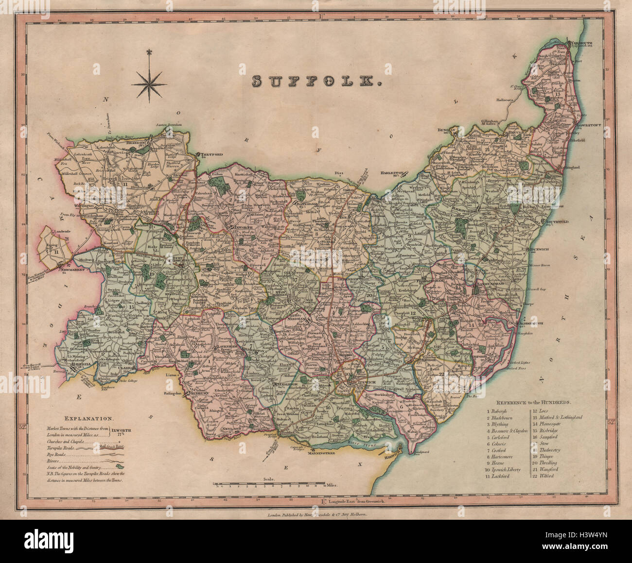 Carte du comté de Suffolk antique par Henry 1831 Teesdale tableau ancien Banque D'Images
