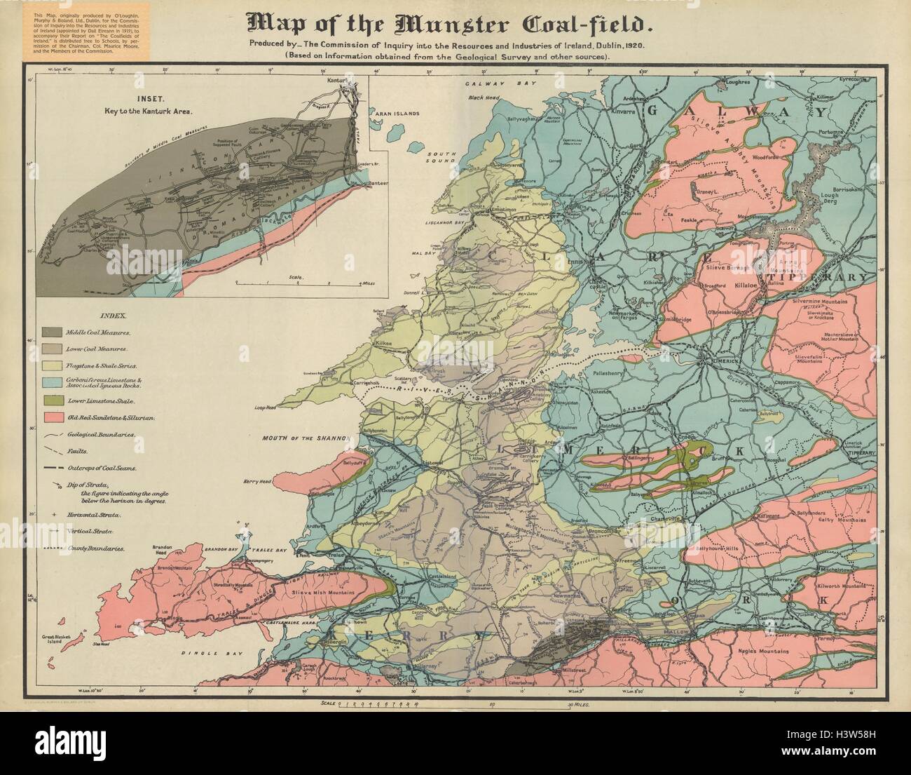 'Map du charbon de Munster-champ". La Commission des ressources en Irlande 1920 carte ancienne Banque D'Images