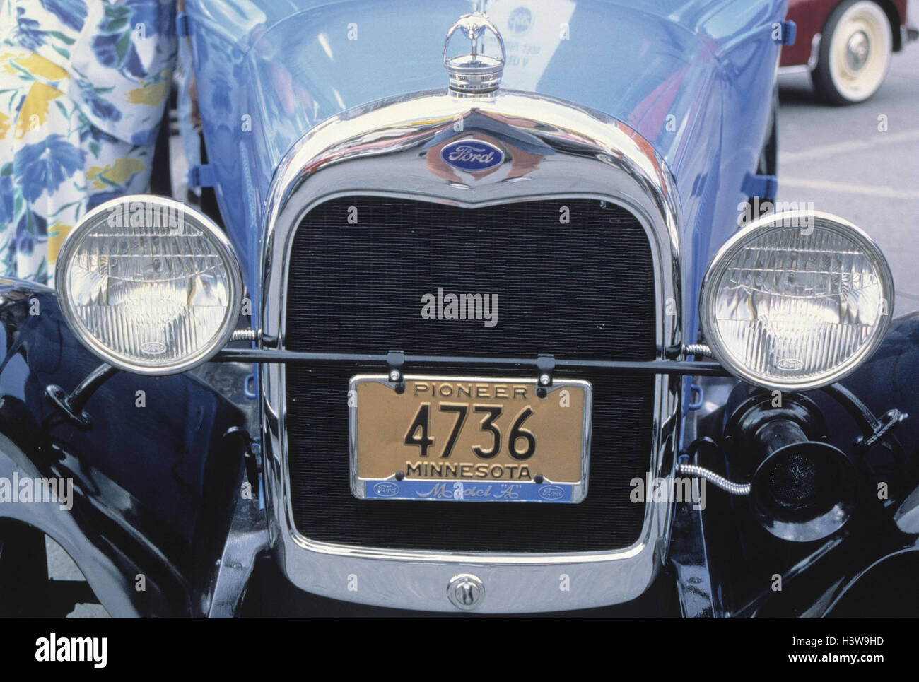Voiture, vétéran, Ford a, bleu, année de construction en 1929, vue de face, détail, radiateur, capot Capot, calandre, Nostalgie, nostalgie, véhicule, automobile, d'un projecteur, mark, radiateur, Banque D'Images