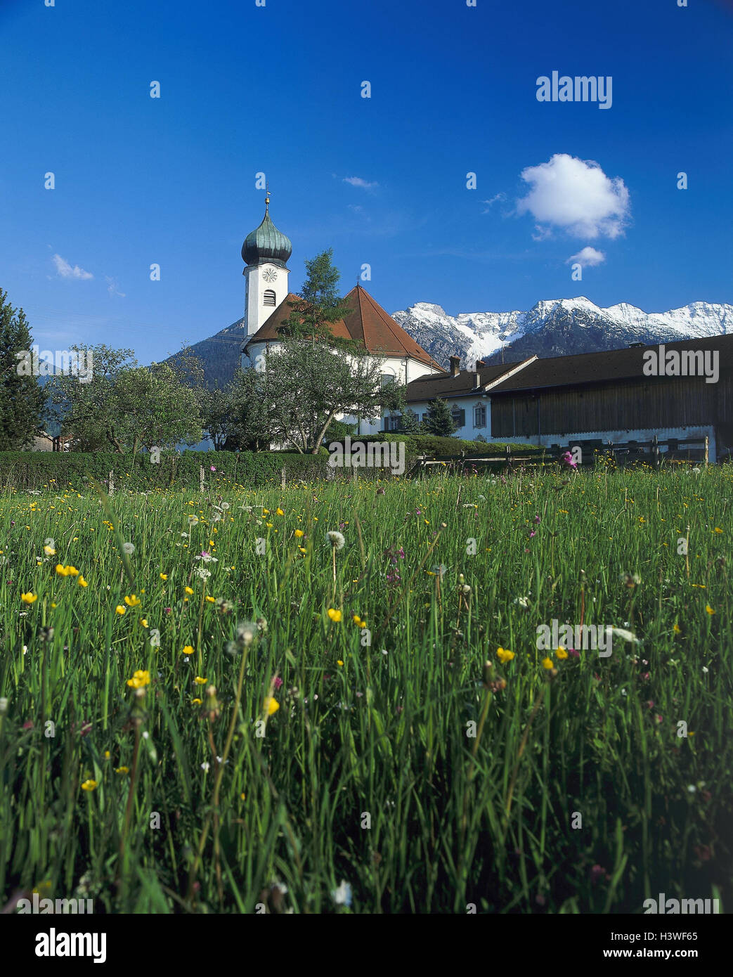 Germany, Bavaria, Eschenlohe, Werdenfels, église paroissiale Clemens, Europe, Haute-Bavière, lieu, pré, pré des fleurs, église, église paroissiale St., Clemens, l'été Banque D'Images