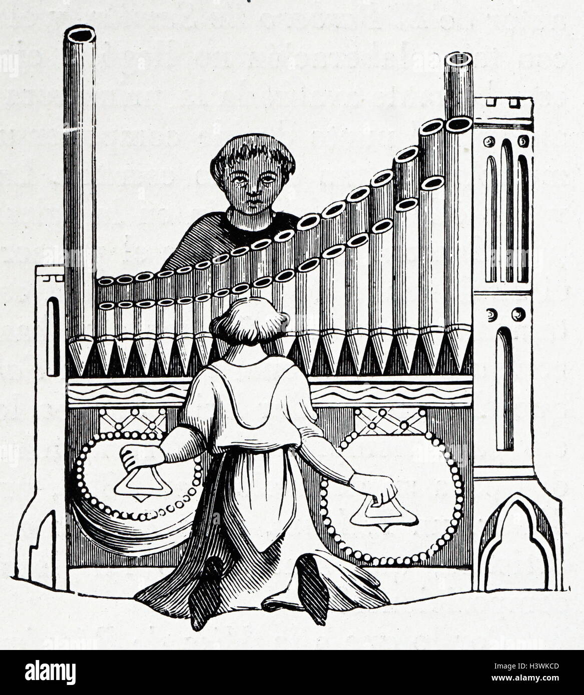 Dessin d'un psautier latin d'un seul clavier, d'organe qui produit du son en conduisant de l'air sous pression par l'intermédiaire de tuyaux d'orgue. En date du 14e siècle Banque D'Images