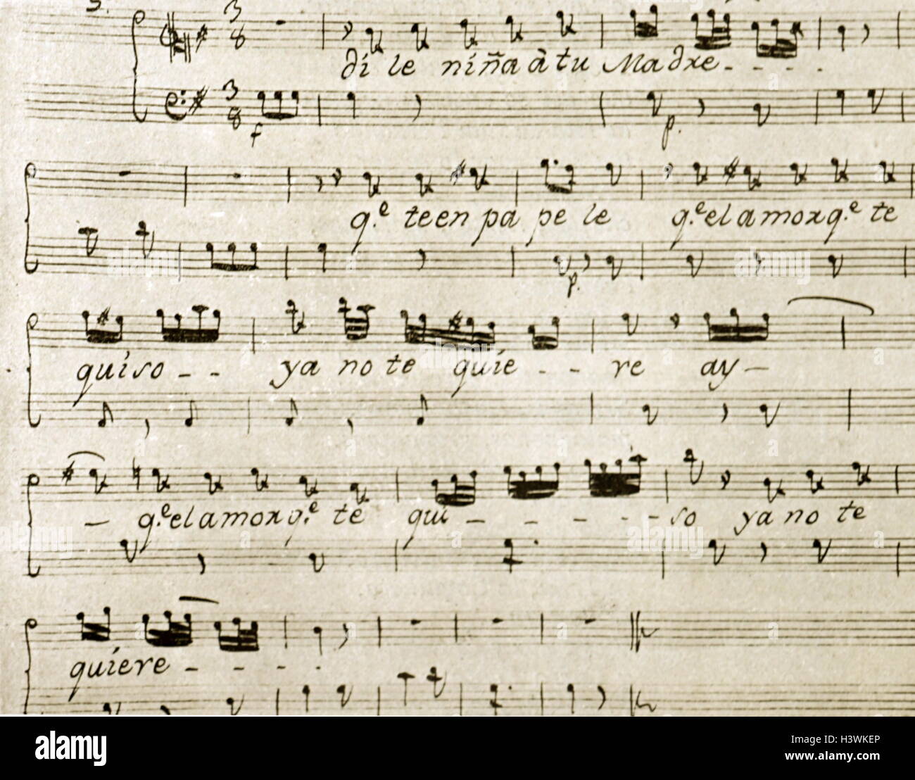 Note manuscrite d'une chanson populaire au 19e siècle par l'espagnol Blas de Laserna Nieva (1751 - 1816) ; compositeur espagnol. Banque D'Images