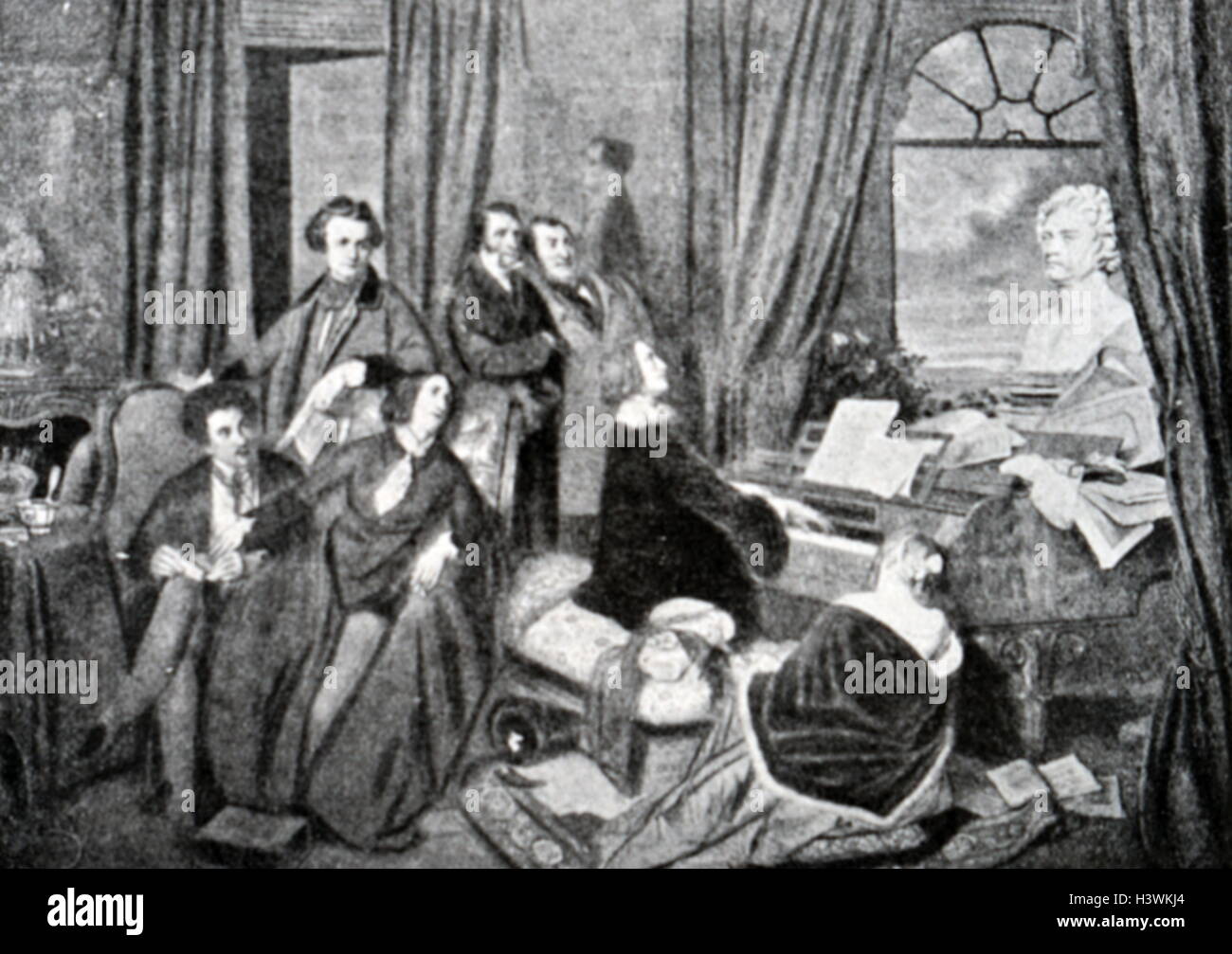 Gravure représentant un rendement de la musique classique à l'intérieur de la maison de quelqu'un. En date du 18e siècle Banque D'Images