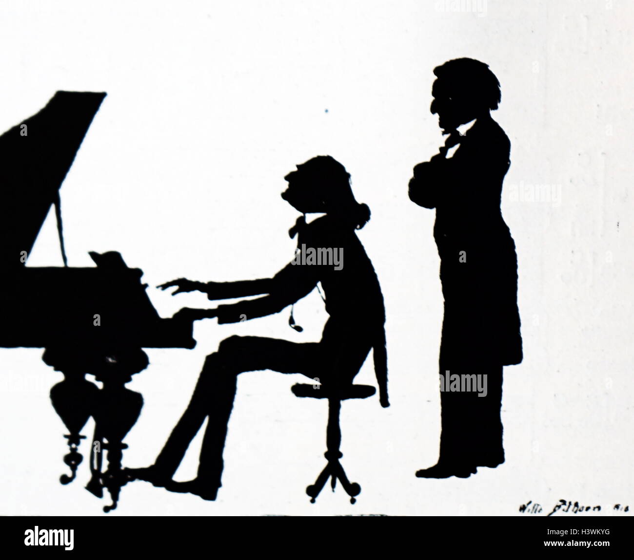 Silhouette de Franz Liszt (1811-1886) le compositeur hongrois, le pianiste virtuose, chef d'orchestre, professeur de musique, arrangeur, philanthrope, auteur, nationaliste et un Tiers Ordre franciscain, et Richard Wagner (1813-1883), un compositeur allemand, directeur de théâtre, orchestre, et polémiste (1837-1930) en date du 19e siècle Banque D'Images