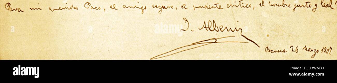 Dédicace manuscrite par Isaac Albéniz (1860-1909) un pianiste et compositeur espagnol. En date du 20e siècle Banque D'Images