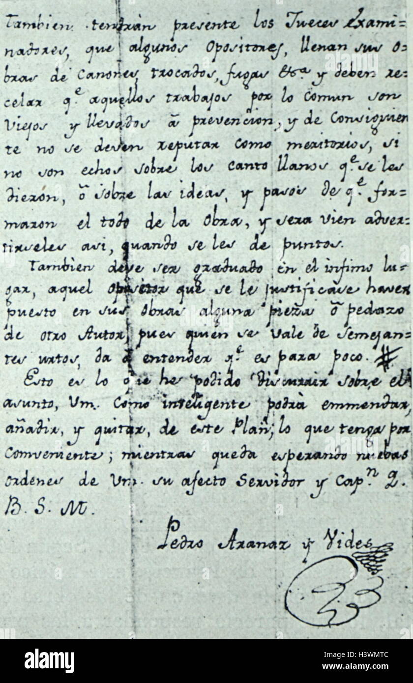 Lettre écrite par Pedro Aranaz (1742-1821), un compositeur espagnol. En date du 19e siècle Banque D'Images