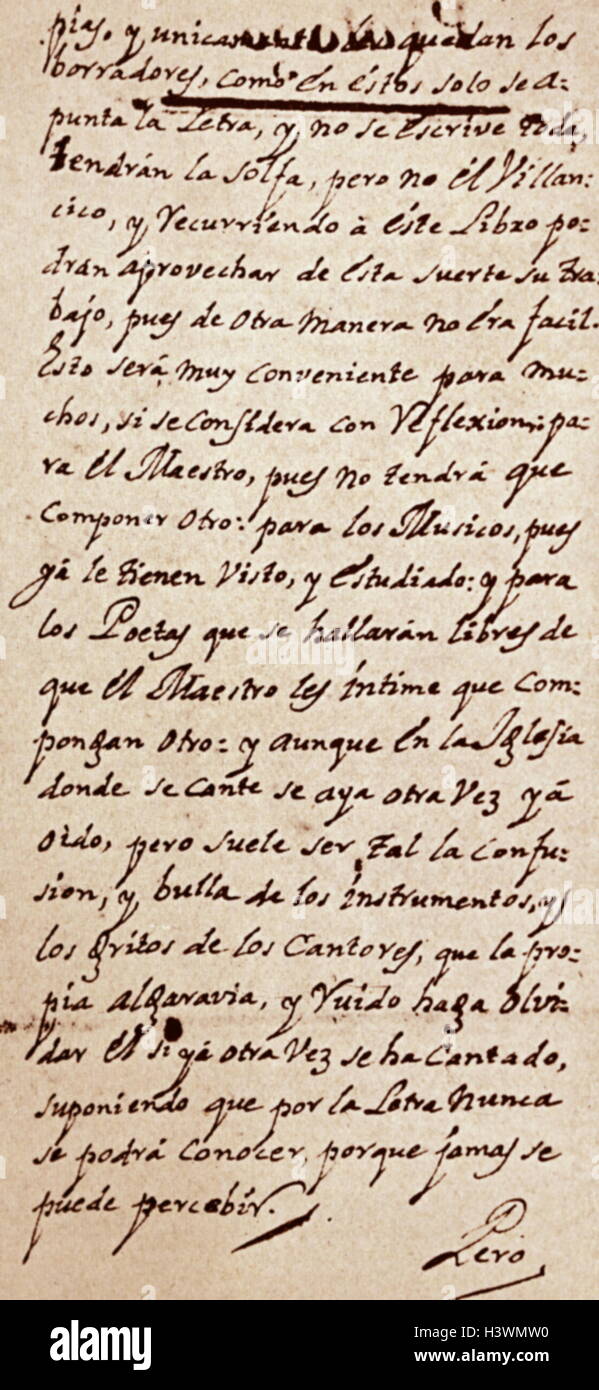Lettre écrite par Joseph Vicente Orti, un compositeur italien du 18ème siècle. En date du 18e siècle Banque D'Images