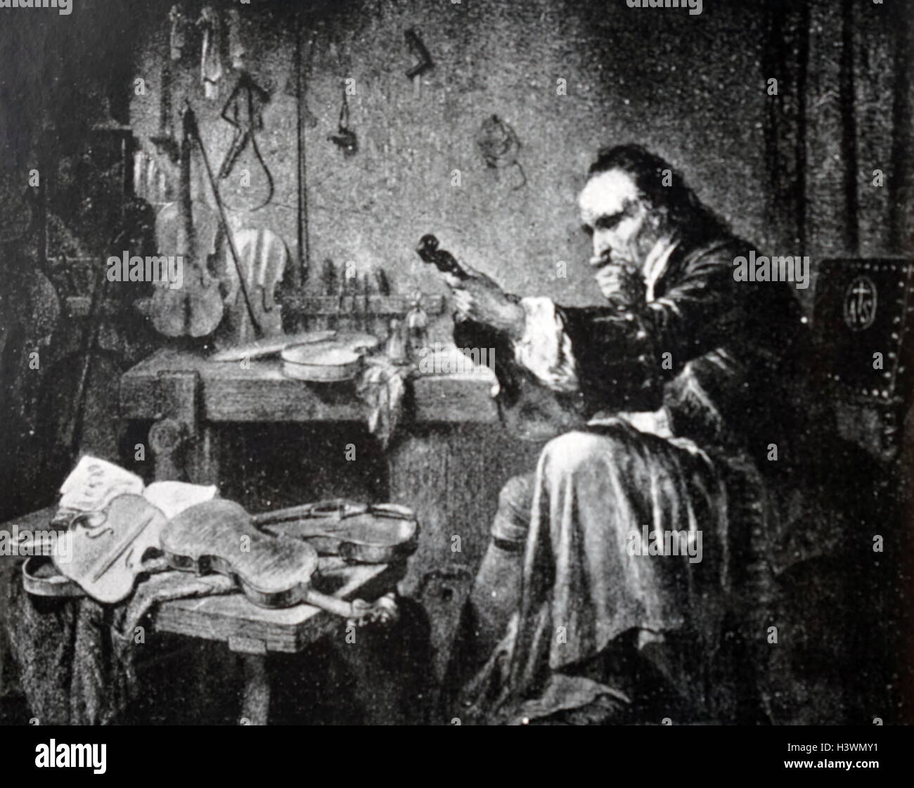 Peinture représentant Antonio Stradivari (1644-1737), un luthier italien et un crafter des instruments à cordes tels que violons, violoncelles, guitares, violons et harpes. En date du 18e siècle Banque D'Images