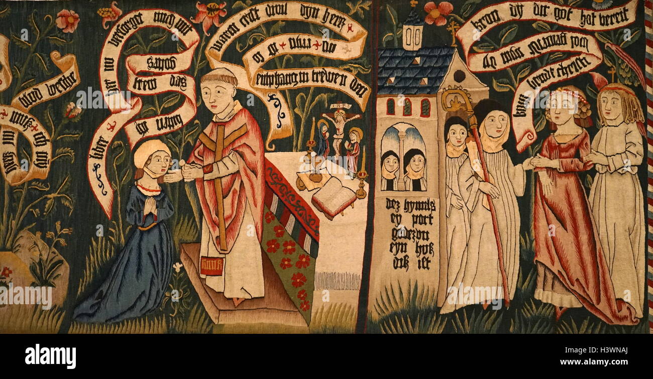 Tissus de tapisserie représentant les femmes à la mode d'entreprendre un voyage spirituel. En date du 15e siècle Banque D'Images