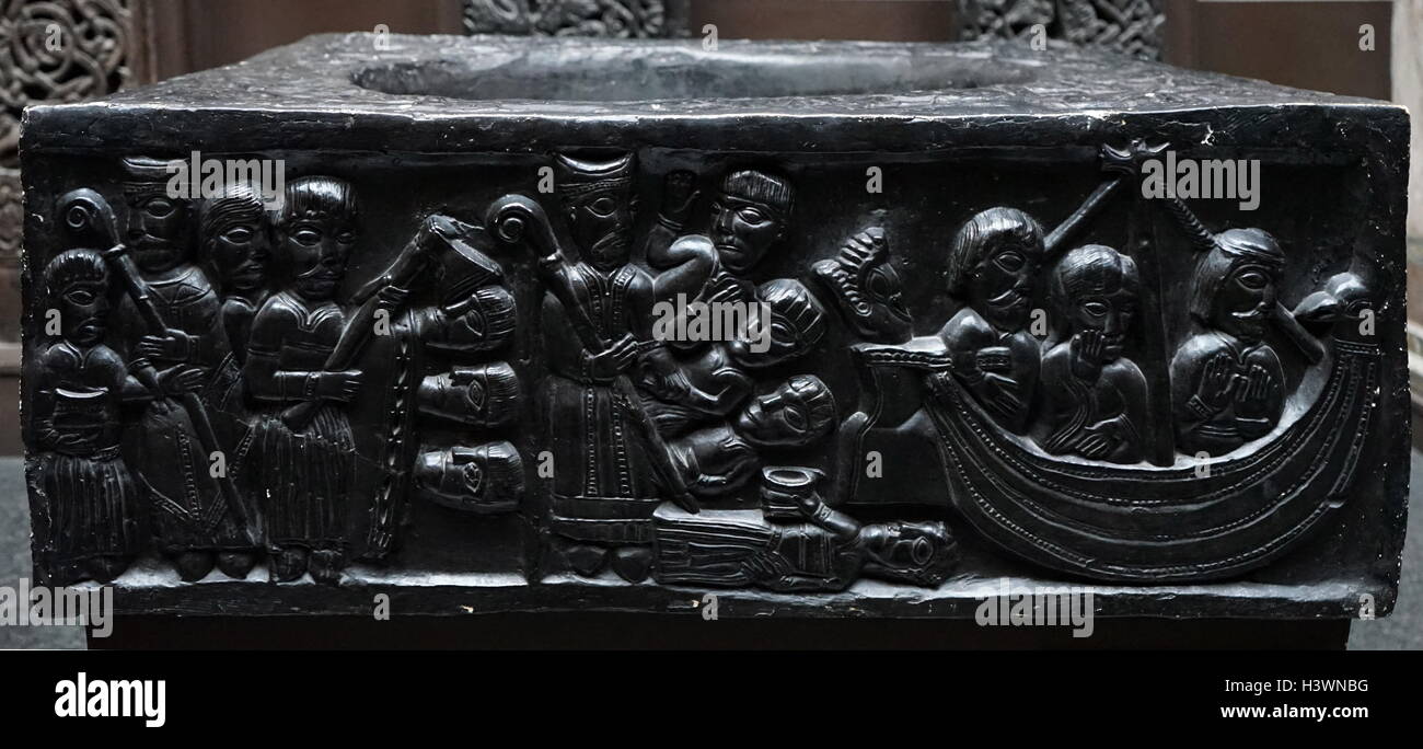 Plâtre de la vie de saint Nicholas, sculpté dans le marbre, dans la cathédrale de Winchester. En date du 12e siècle Banque D'Images