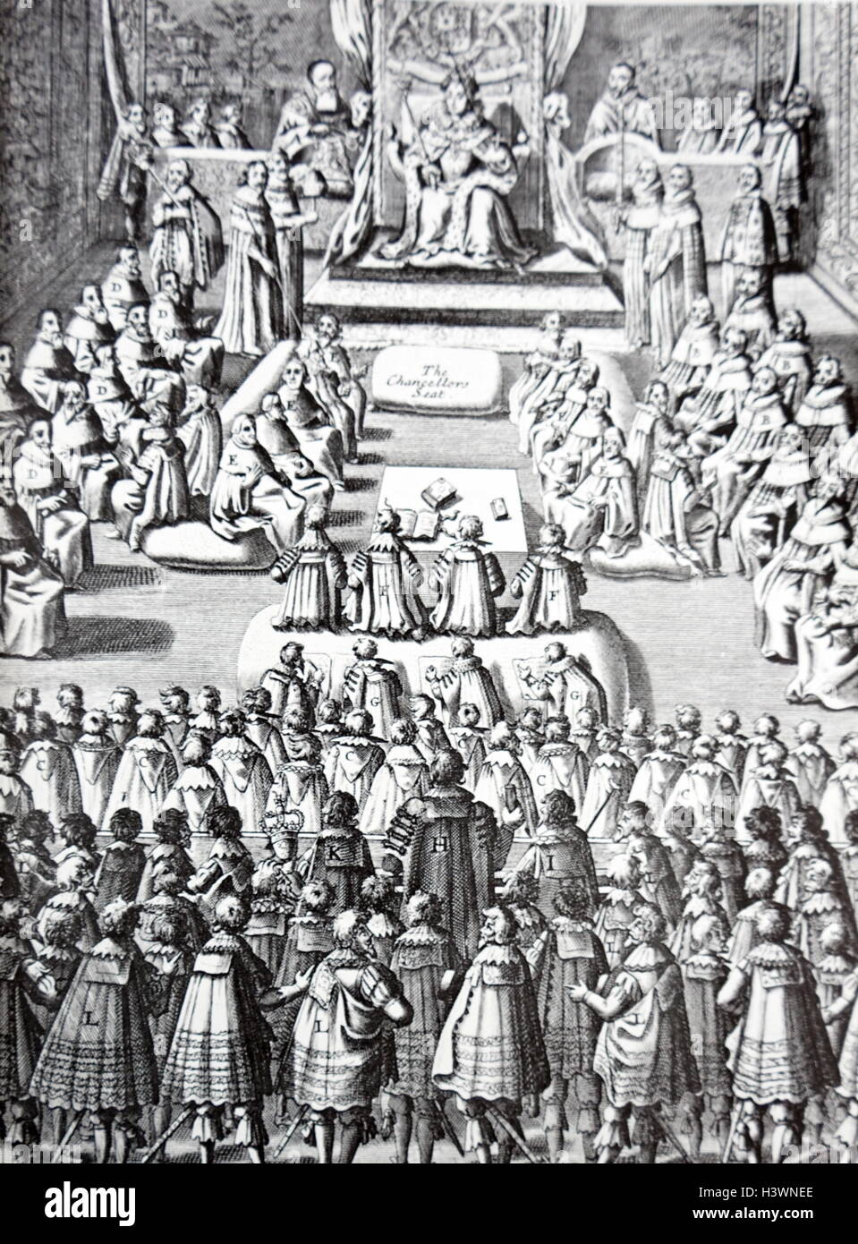 Gravure sur bois représentant la reine Elizabeth I d'Angleterre) Maalouf (Reine d'Angleterre, au Parlement. En date du 16e siècle Banque D'Images