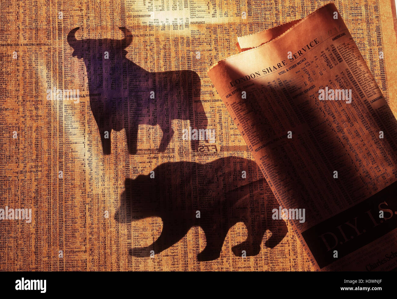 Icône, bourse, quotidien économique, les prix du marché, Bull, bear stock market game, spéculation, spéculer, capture, perdre, opérations, prix du marché, DAX, bourse, krach, bourse, commerce, stocks augmenter, automne, partager p Banque D'Images