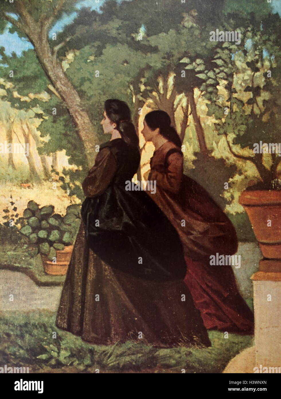 La peinture intitulée "Deux femmes dans le jardin de Castiglioncello' par Giovanni Fattori (1825-1908) un artiste italien. En date du 19e siècle Banque D'Images