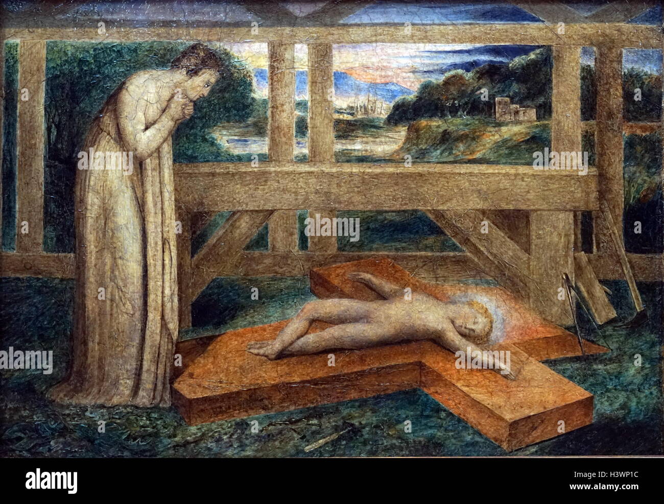 La peinture intitulée 'La Vierge adorant l'Enfant Jésus endormi sur la croix' de William Blake (1757-1827), un poète anglais, peintre, graveur et. En date du 18e siècle Banque D'Images
