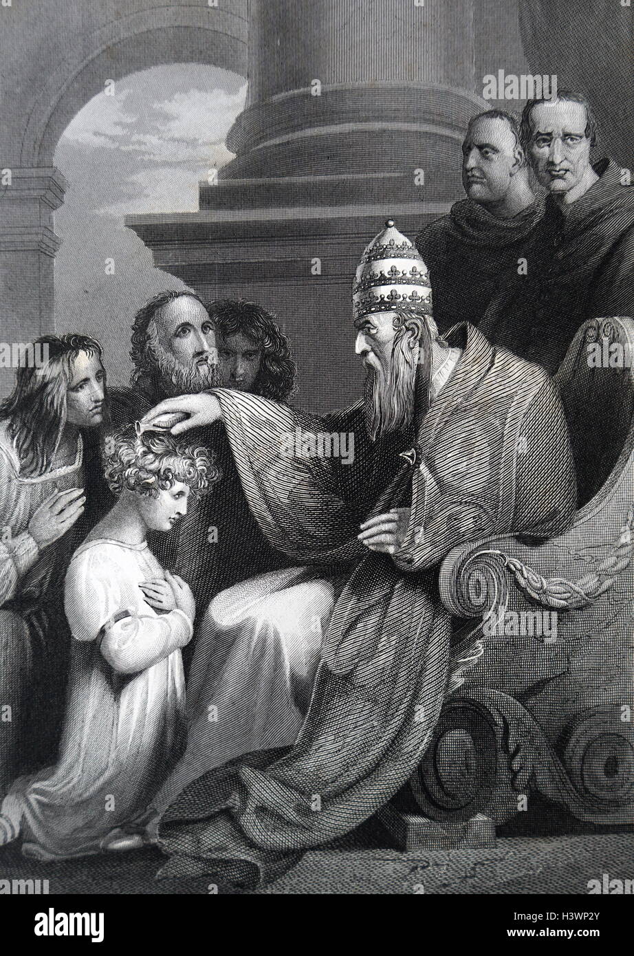 Plus tard, Prince Alfred, Alfred le Grand (849-899), Roi de Wessex, s'agenouillant devant le Pape Léon III (750-816). En date du 9e siècle Banque D'Images