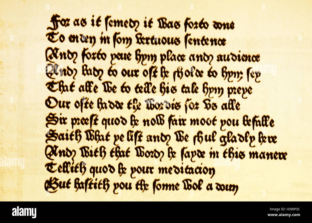 Extrait des Contes de Canterbury, imprimé par William Caxton (1422-1491) n marchand anglais, diplomate, écrivain, et de l'imprimante. En date du 15e siècle Banque D'Images
