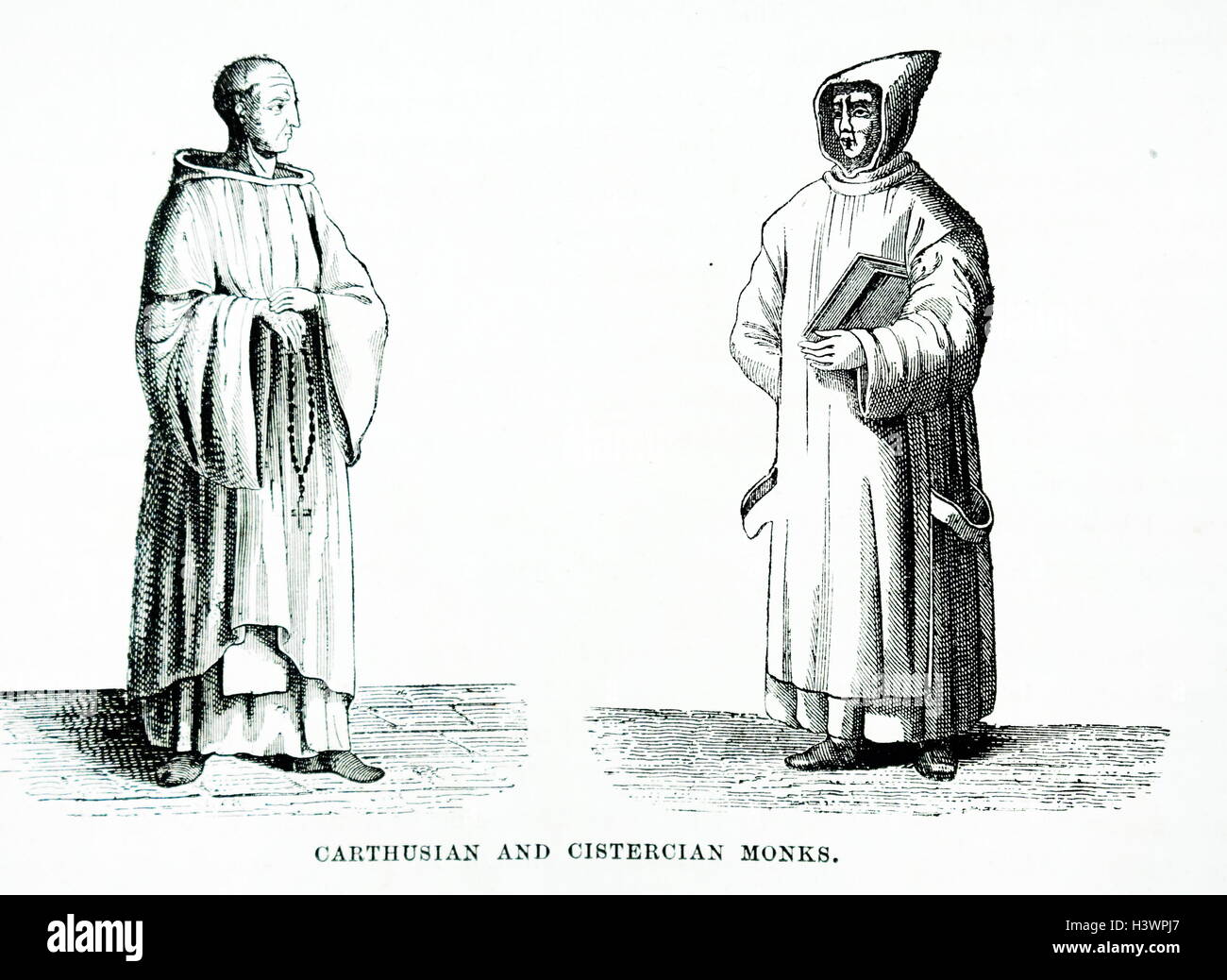 Gravure d'un des moines cisterciens et chartreux, les deux appartenant à différents ordres ...