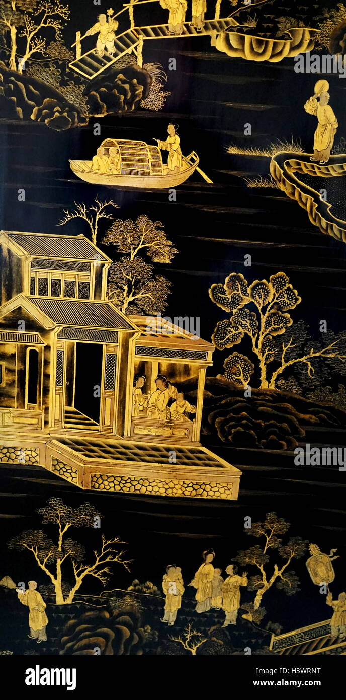 Laqué chinois noir et l'or, l'écran du 18ème siècle Banque D'Images