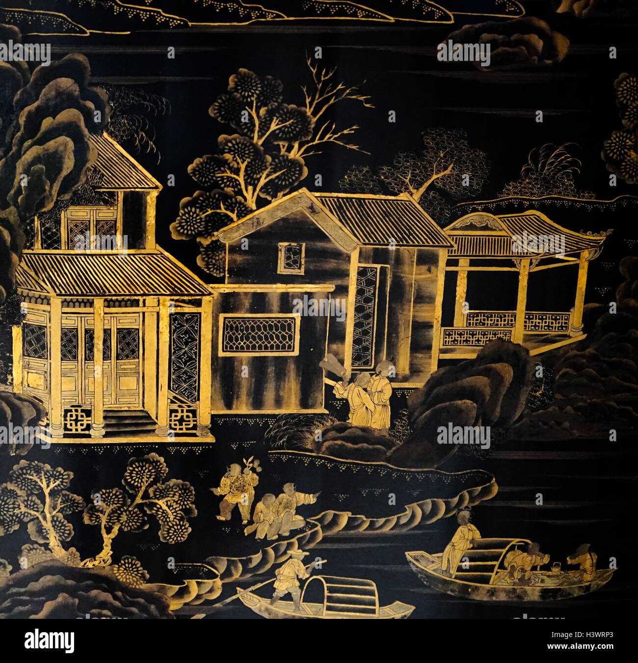Laqué chinois noir et l'or, l'écran du 18ème siècle Banque D'Images