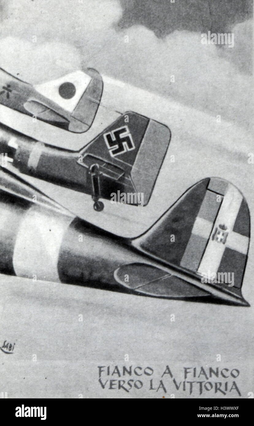 Carte postale de propagande montrant les drapeaux de l'Allemagne nazie, l'Italie fasciste et le Japon impérial. En date du 20e siècle Banque D'Images