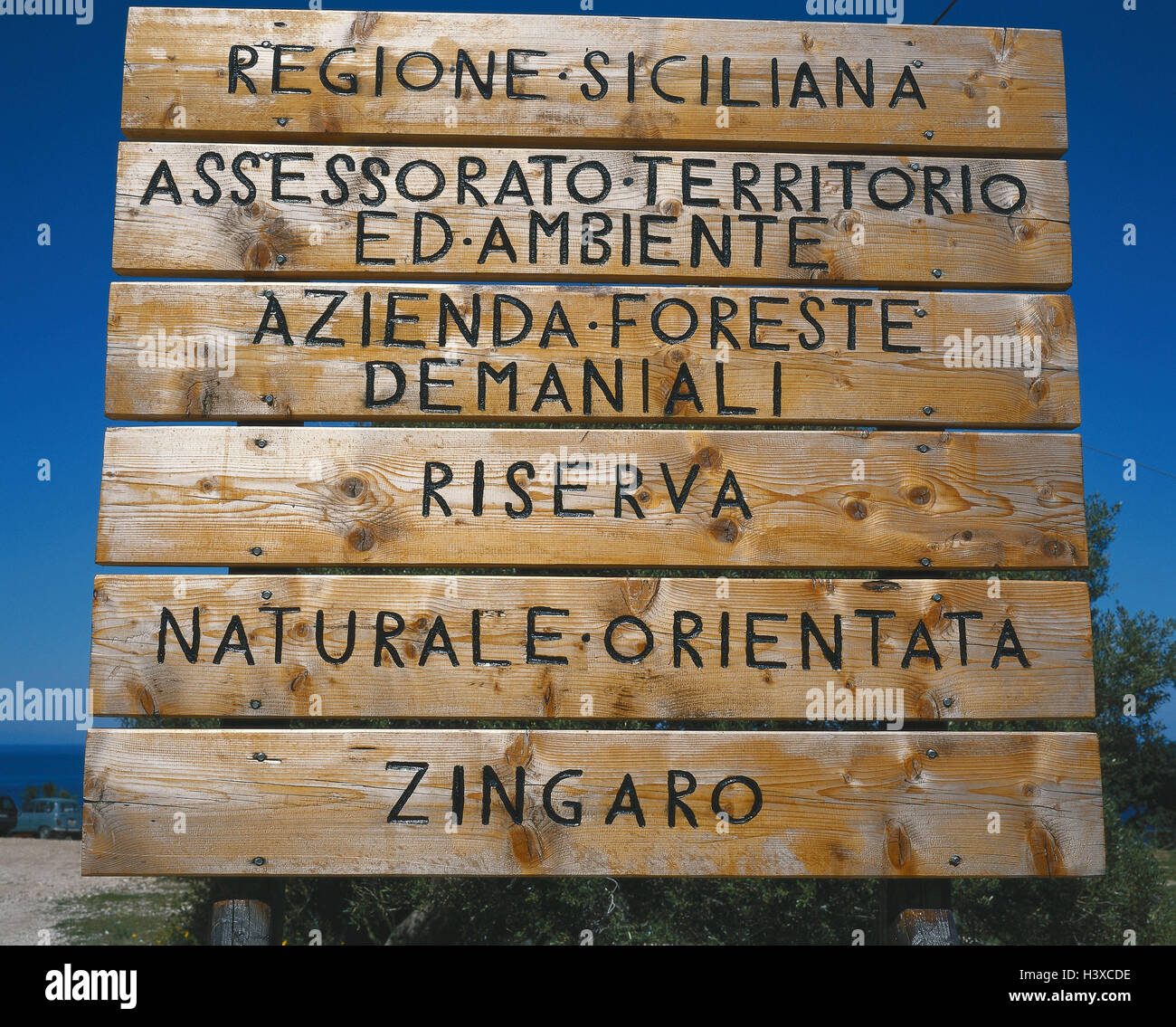 J' la Sicile, Scopello, signe sur Riserva dello Zingaro Nature ale (réserve naturelle) Banque D'Images