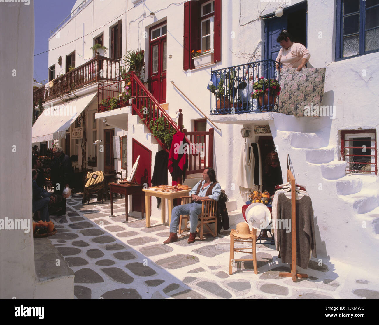 Grèce, Mykonos, old lane, Europe, vacances, escalier, balcon, Lane, à l'extérieur Banque D'Images