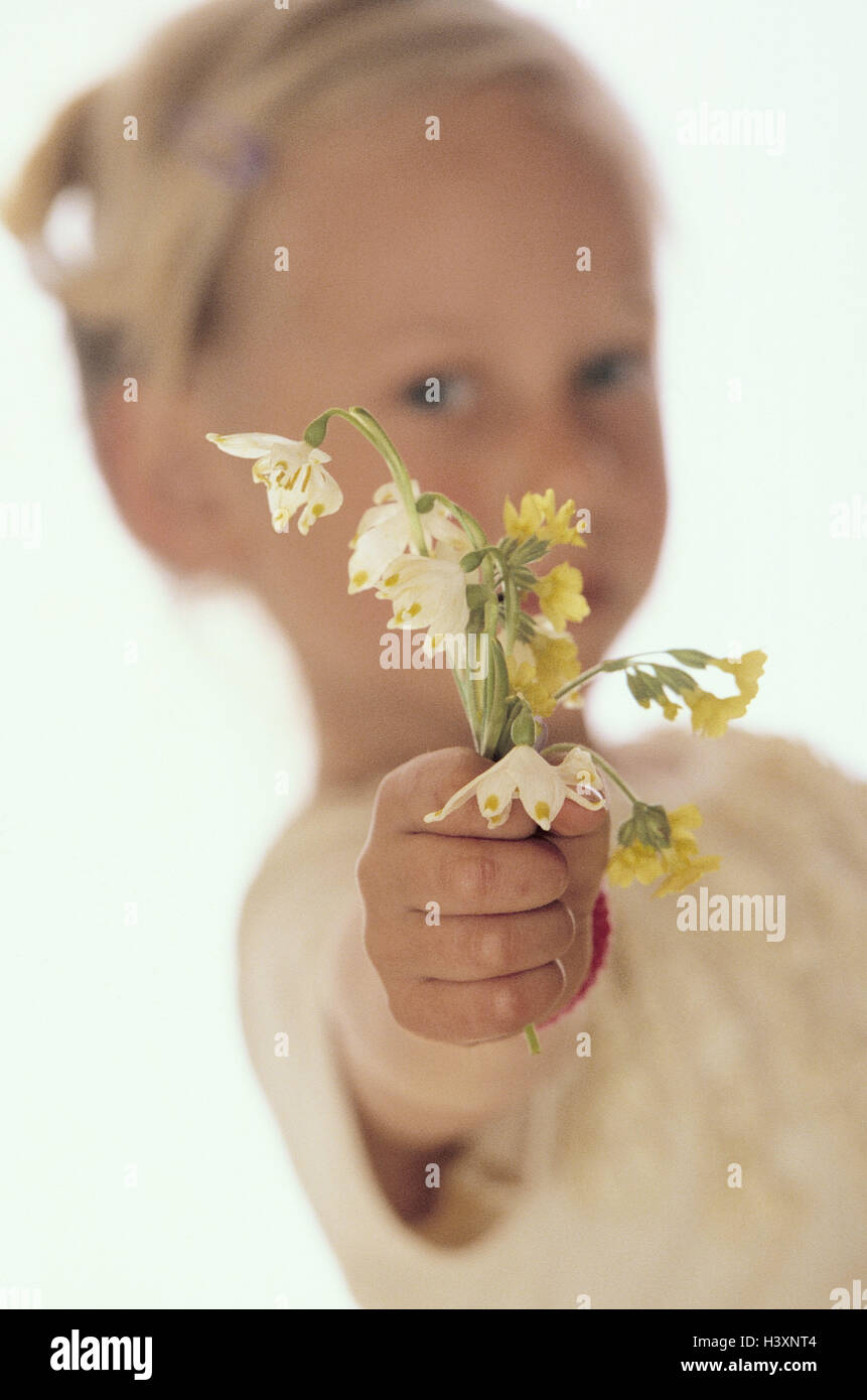 Les filles, blonde, meadow fleurs, part, détail, enfant, fleurs, fleurs du printemps, primevères, fleurs de printemps, noeud cadeau d'anniversaire, Valentinstag, Fête des Mères, la Fête des Mères, la surprise, l'actuel point, présent, atteindre, pass, la joie, la fierté, l'enfance, de naturel, insi Banque D'Images