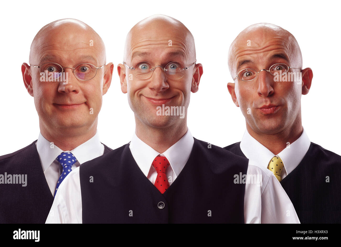 Les hommes, trois chefs, chauve, lunettes, chemise, gilet, jouer du visage, tête, sourire, portrait, hommes, studio, gestionnaire, affaires, sourire, impatiemment, heureux, chauve, hairlessly Nicklebrillen, cravates,, Close up, cut out, Banque D'Images