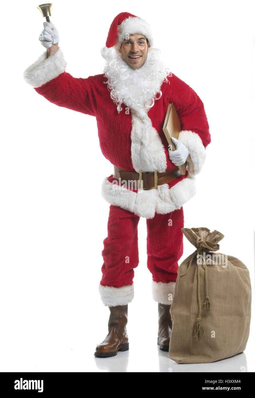 Noël, Santa, pochette, Bell, Noël yule marée, x-mas, l'homme, les jeunes, se dresse, annonce coiffures, cap, Santa's hat, a fait cap, rouge, doublure, costume, pour Noël, le costume du Père Noël, la barbe, la barbe, l'ivresse, Père Noël, Santa Claus, anneau, anneau, peu Banque D'Images
