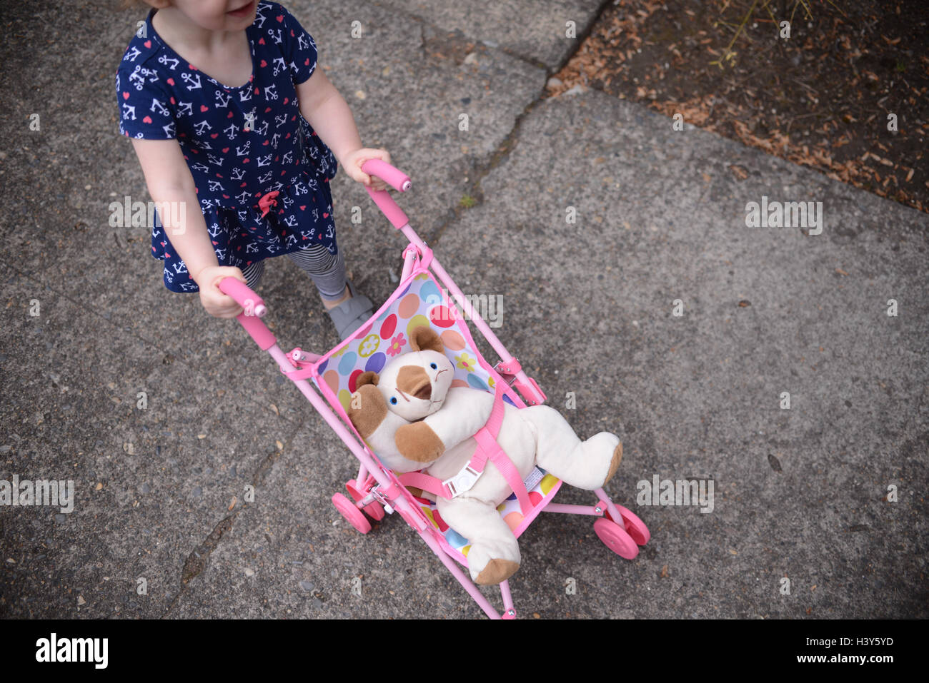 Frais généraux de bébé fille habillé en robe bleu marine ancre poussant en peluche jouet chat rose poussette sur l'asphalte des trottoirs de la ville Banque D'Images