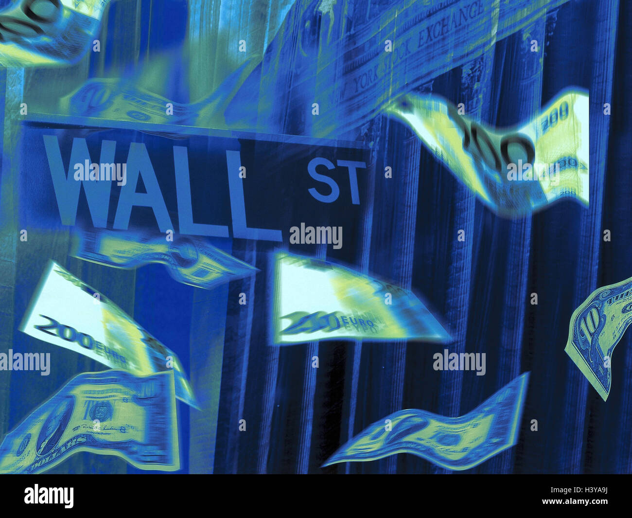 La composition, les USA, New York, la bourse, Wall Street, billets de banque, l'argent, les finances, les marchés financiers, les entreprises, le commerce mondial, marché des changes, la monnaie, les transactions à la bourse, l'économie, marché boursier, profit, filtre spectral, bleu, enseigne, d'une route Banque D'Images