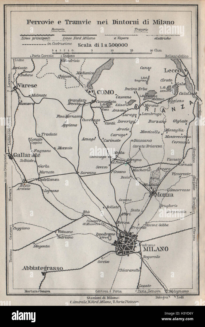 NEI DINTORNI TRAMWAYS FERROVIE E DI MILANO. Chemins de Côme Lecco Monza 1913 map Banque D'Images