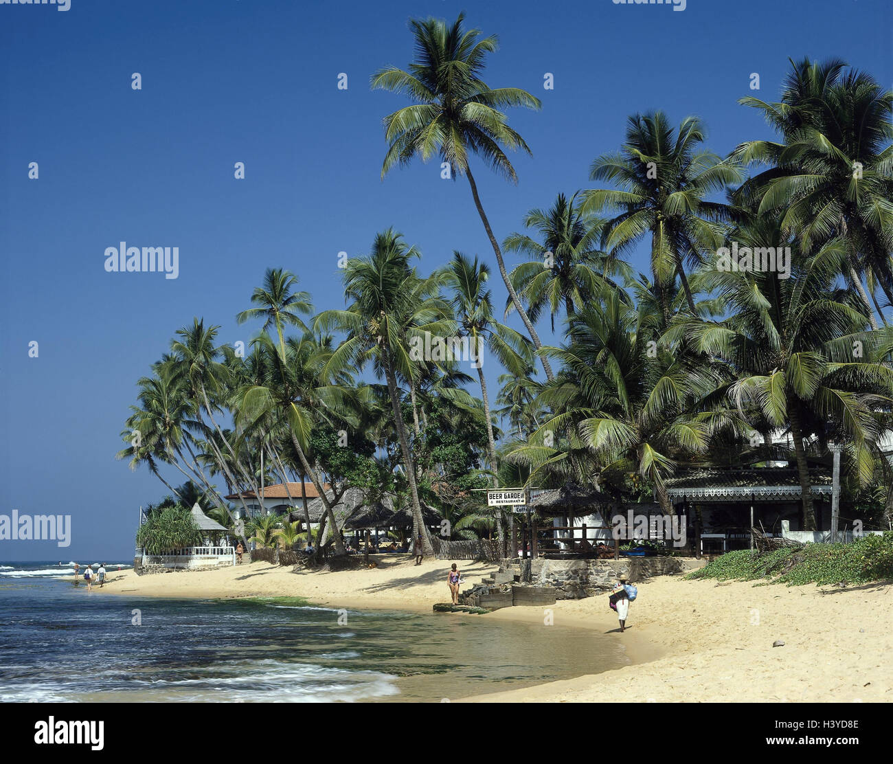 Hikkaduwa, Sri Lanka, la plage de l'hôtel, les baigneurs, les sections locales, île de l'état, de l'Asie du Sud, Ceylan, plage de sable, plage, palmiers, plage, tourisme, vacances, loisirs, tourisme, installations de l'hôtel Banque D'Images