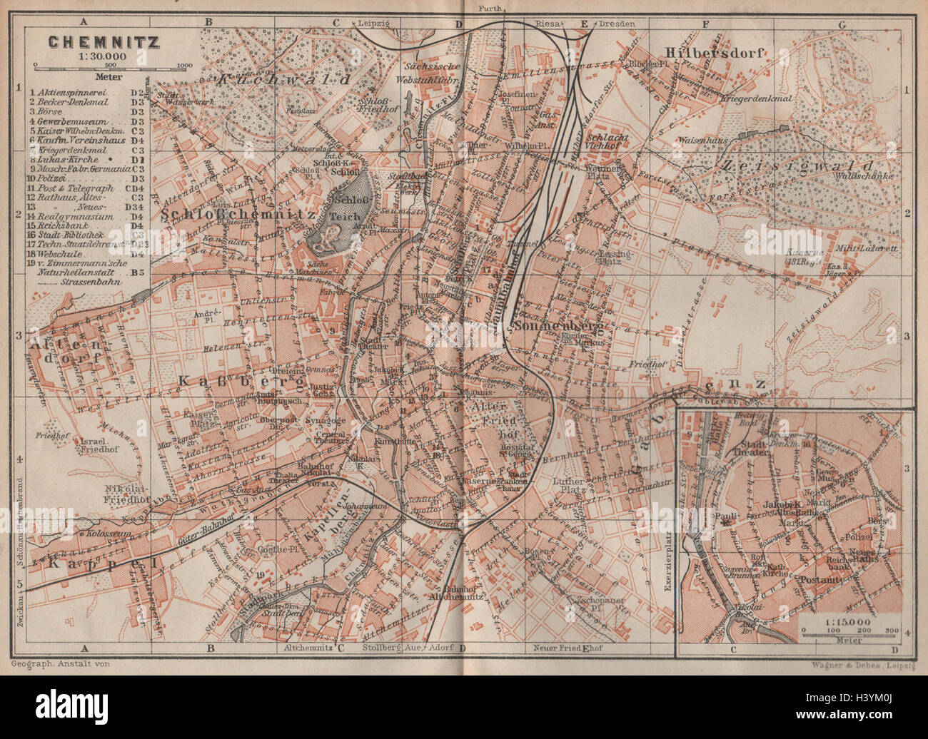 CHEMNITZ ville stadtplan ville antique. La Saxe karte. 1904 BAEDEKER ancienne carte Banque D'Images