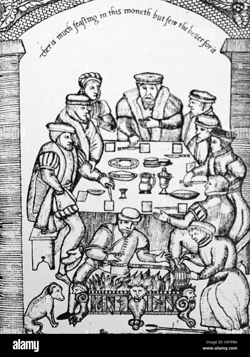 Impression gravure sur bois d'un banquet de l'époque élisabéthaine. En date du 16e siècle Banque D'Images