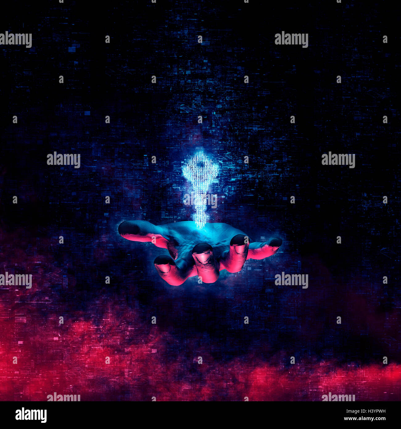 Concept clé de sécurité des données / 3D illustration clé lumineux formé par des chiffres binaires flottant au-dessus de main ouverte Banque D'Images