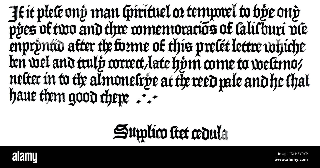 William Caxton a annoncé l'établissement de l'imprimerie à l'abbaye de Westminster, Londres 1476 Banque D'Images