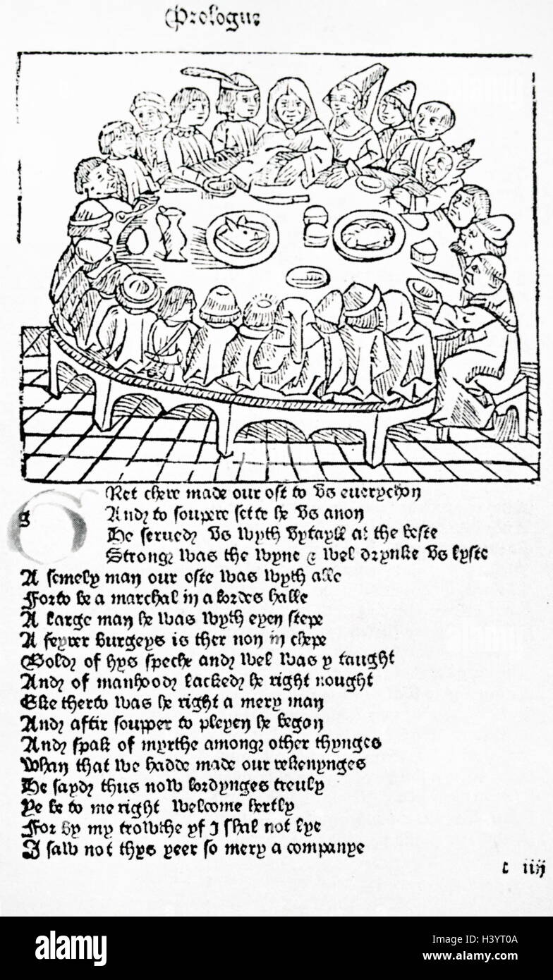 La page de William Caxton's edition du prologue de Chaucer's "Les Contes de Canterbury" illustrant les pèlerins festoyer sur tête de sanglier. En date du 15e siècle Banque D'Images