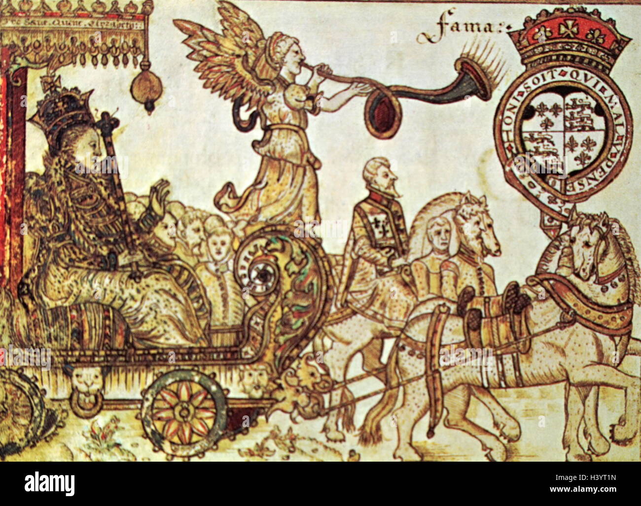 Gravure sur bois représentant la reine Elizabeth I d'Angleterre) Maalouf (Reine d'Angleterre, équitation dans le char de la renommée. En date du 16e siècle Banque D'Images
