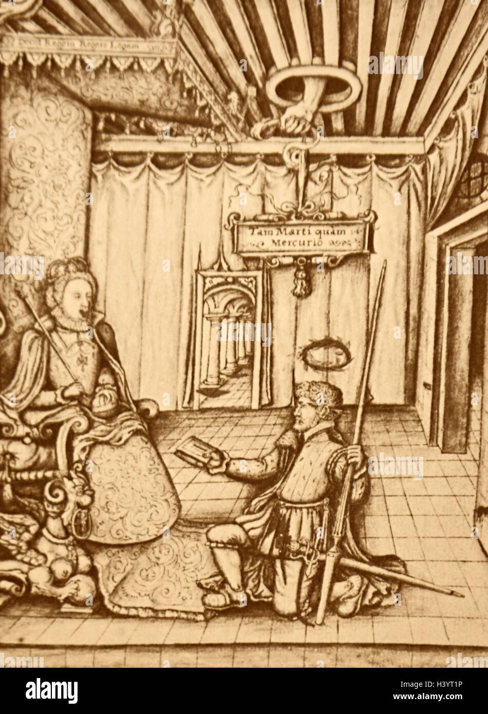 Gravure sur bois représentant la reine Elizabeth I d'Angleterre) Maalouf (Reine d'Angleterre, de la réception d'un manuscrit du poète George Gascoigne. En date du 16e siècle Banque D'Images