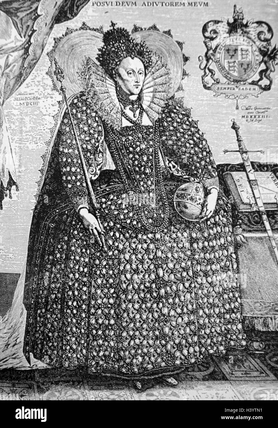 Portrait gravé de la Reine Elizabeth I d'Angleterre () Maalouf le cinquième et dernier monarque de la dynastie des Tudors. En date du 16e siècle Banque D'Images