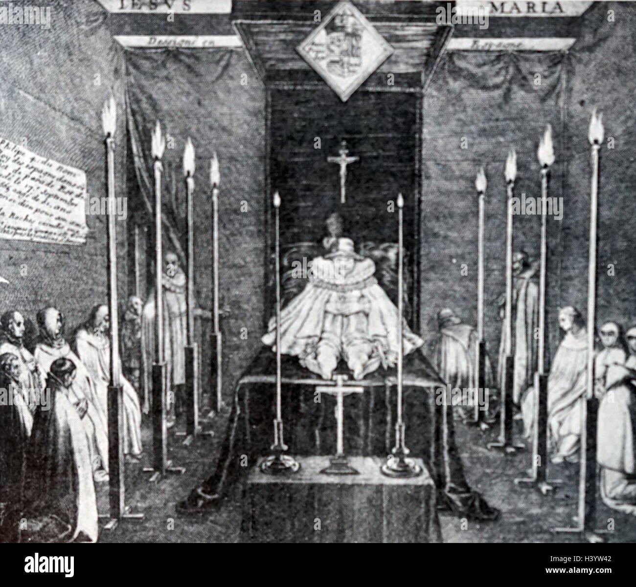 Scène représentant le roi Philippe IV d'Espagne (1605-1665) sur son lit de mort. En date du 17e siècle Banque D'Images