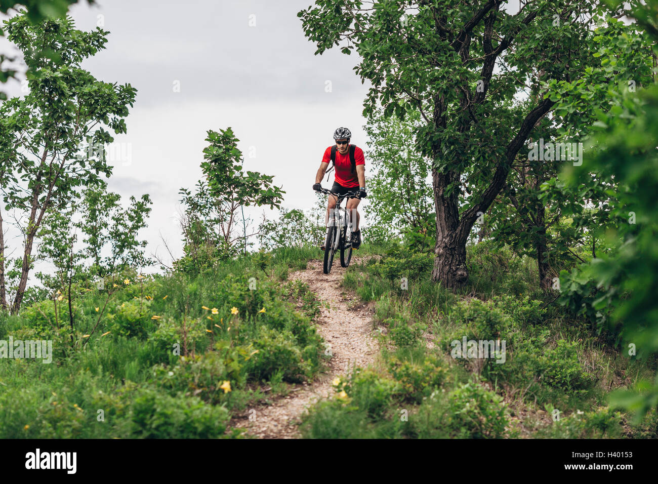 Man mountain biking on dirt track Banque D'Images